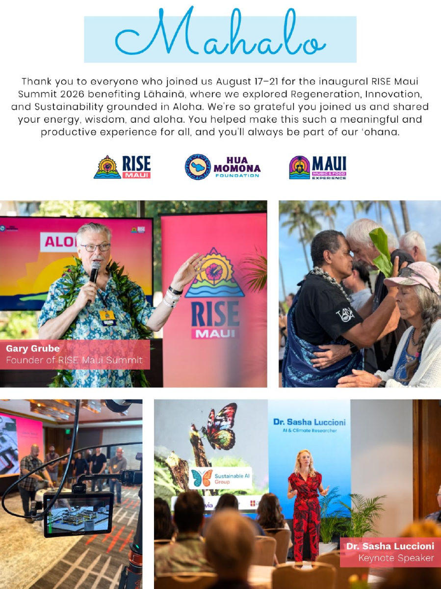 RISE Maui mahalo card: founder Gary Grube on stage, a traditional honi greeting, and Dr. Sasha Luccioni's keynote on sustainable AI