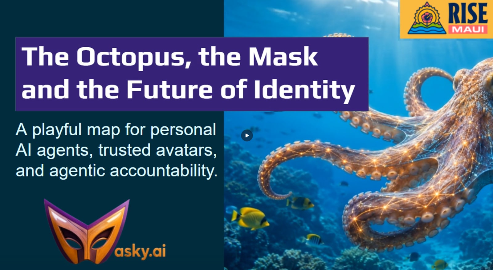 Opening slide: The Octopus, the Mask and the Future of Identity — a playful map for personal AI agents, trusted avatars, and agentic accountability